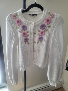 Maje White Cardigan with Pink and Lavender Floral Embroidery